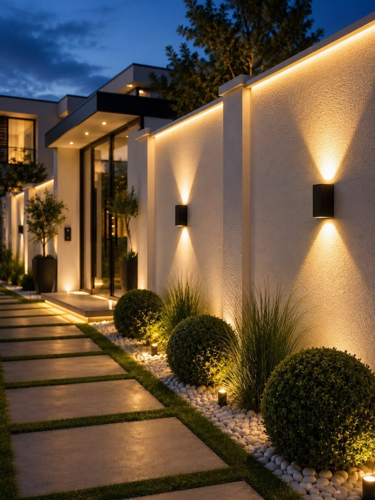 Modern house exterior with illuminated white walls, stone walkway, and manicured spherical shrubs in garden beds.