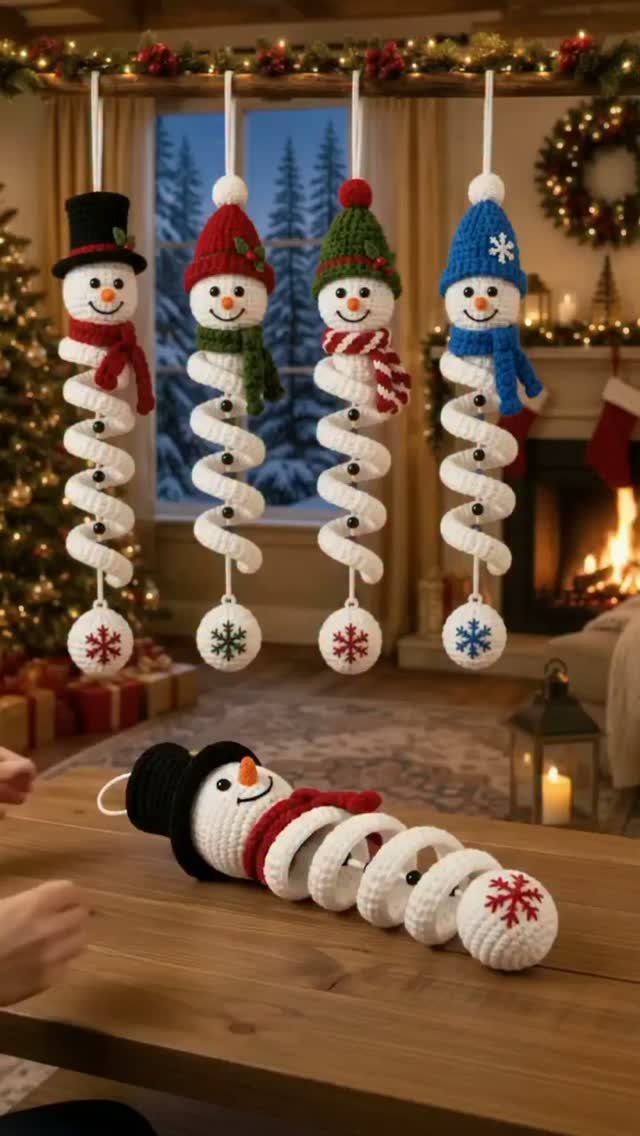 Four crocheted snowman ornaments hanging from a mantelpiece in a cozy, decorated living room.