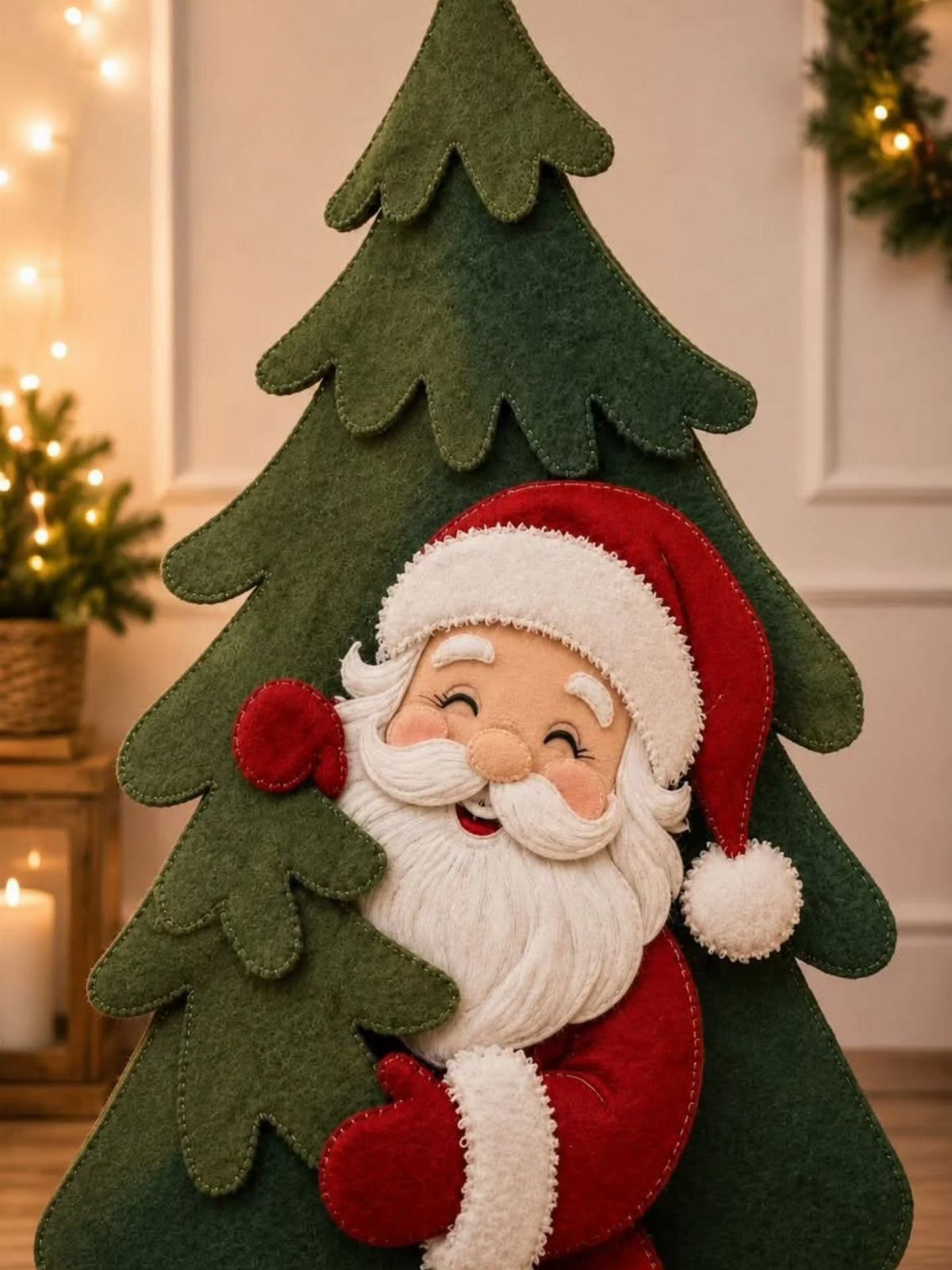A felt Santa Claus peeking out from behind a green felt Christmas tree decoration.