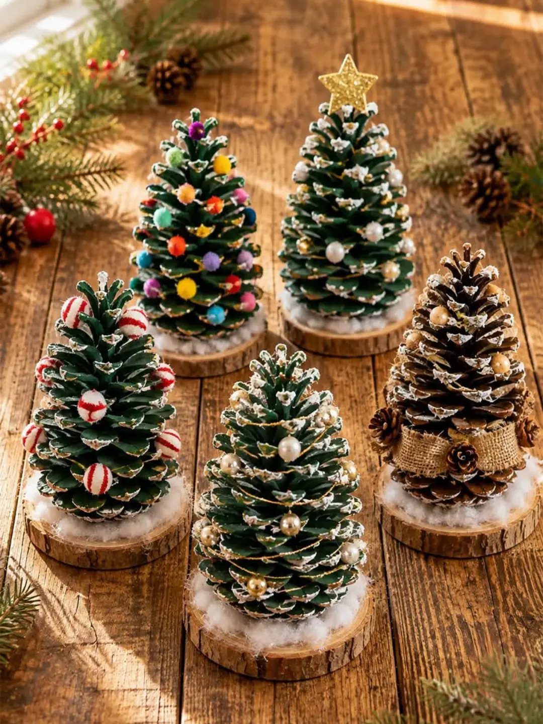 Five decorated pinecone trees with various ornaments sitting on wooden bases on a rustic table.