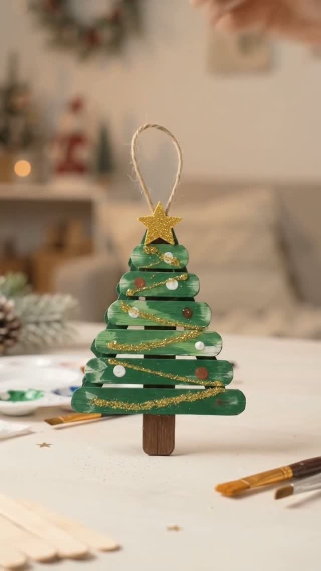 A green popsicle stick Christmas tree ornament decorated with gold glitter and small colorful dots.