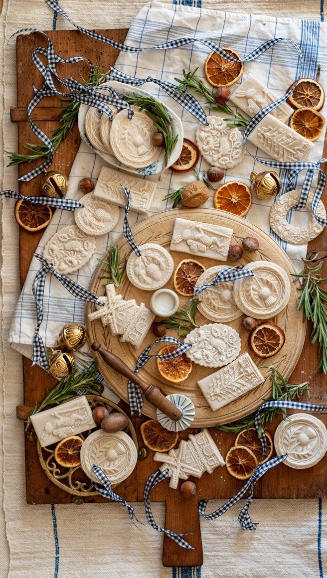 Handmade salt dough ornaments with patterns, dried orange slices, and rosemary on a wooden board.