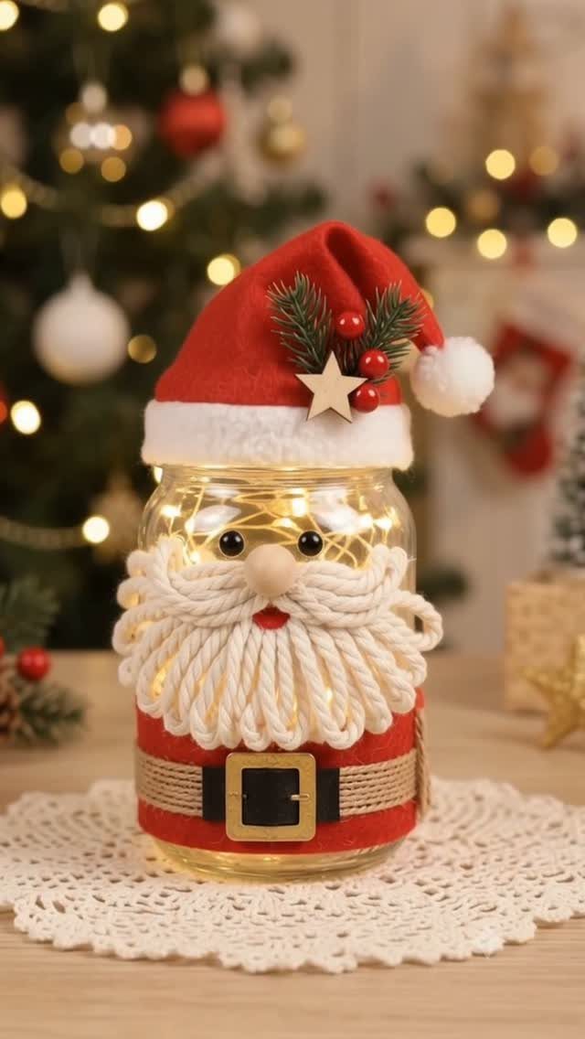 A decorated mason jar crafted to look like Santa Claus with a yarn beard and red hat.