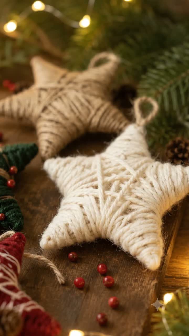 Two star-shaped twine ornaments resting on a wooden surface with pine branches and fairy lights.