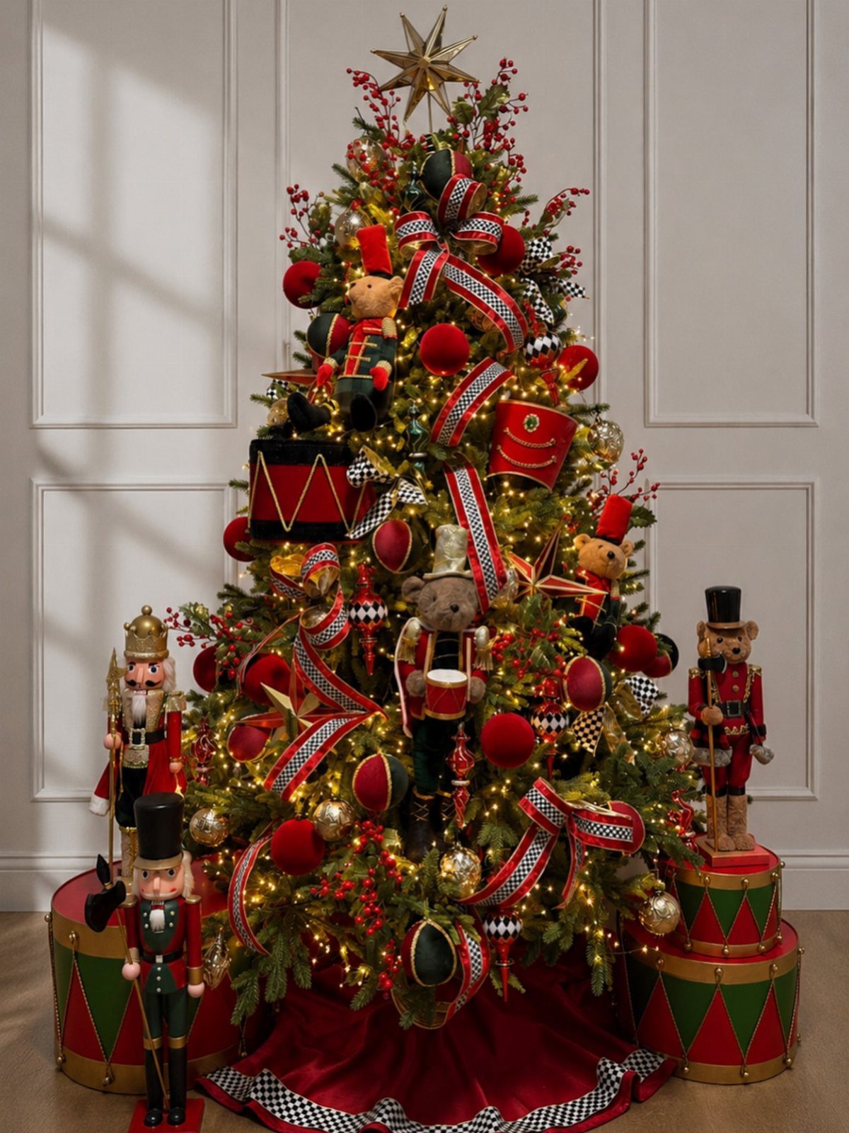 A decorated Christmas tree with red and green ornaments and teddy bear nutcracker figures.