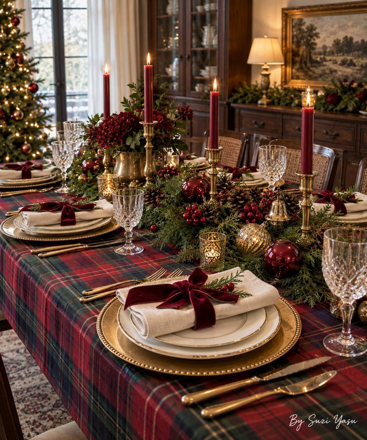 A festive Christmas dining table set with plaid tablecloth, red candles, and greenery centerpiece.