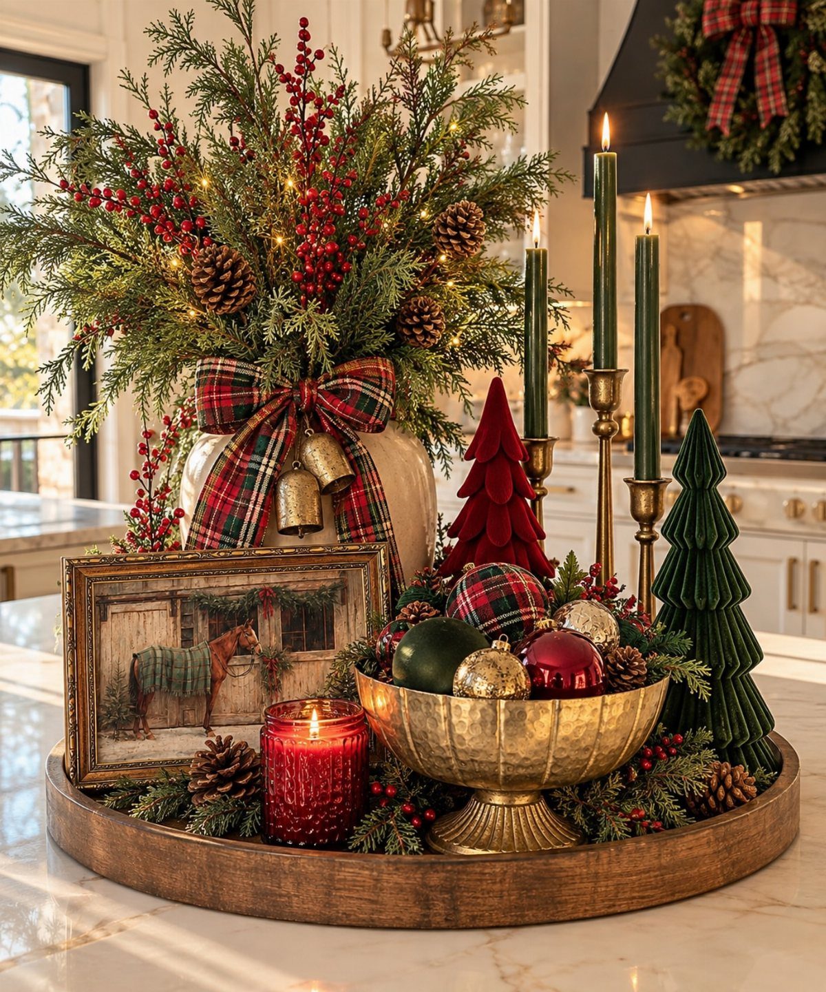 Christmas centerpiece on a wooden tray with greenery, ornaments, candles, and a vintage horse print.
