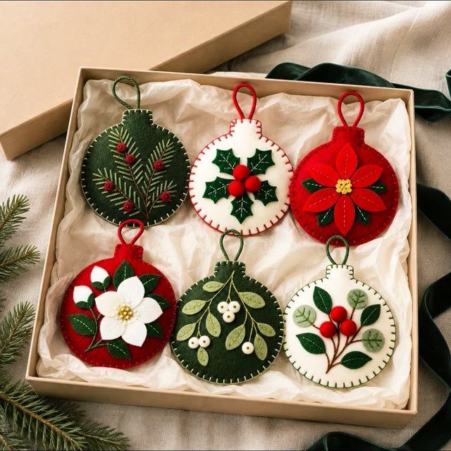Six colorful felt Christmas ornaments with festive embroidery designs inside a gift box.