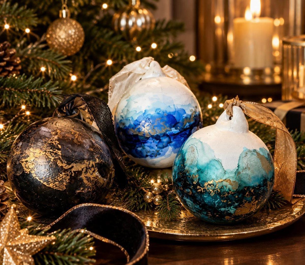 26 Handmade Ornaments: DIY Projects from Paper to Pinecones 18 Three marbled blue and gold ornaments resting on a tray among pine branches and lights.