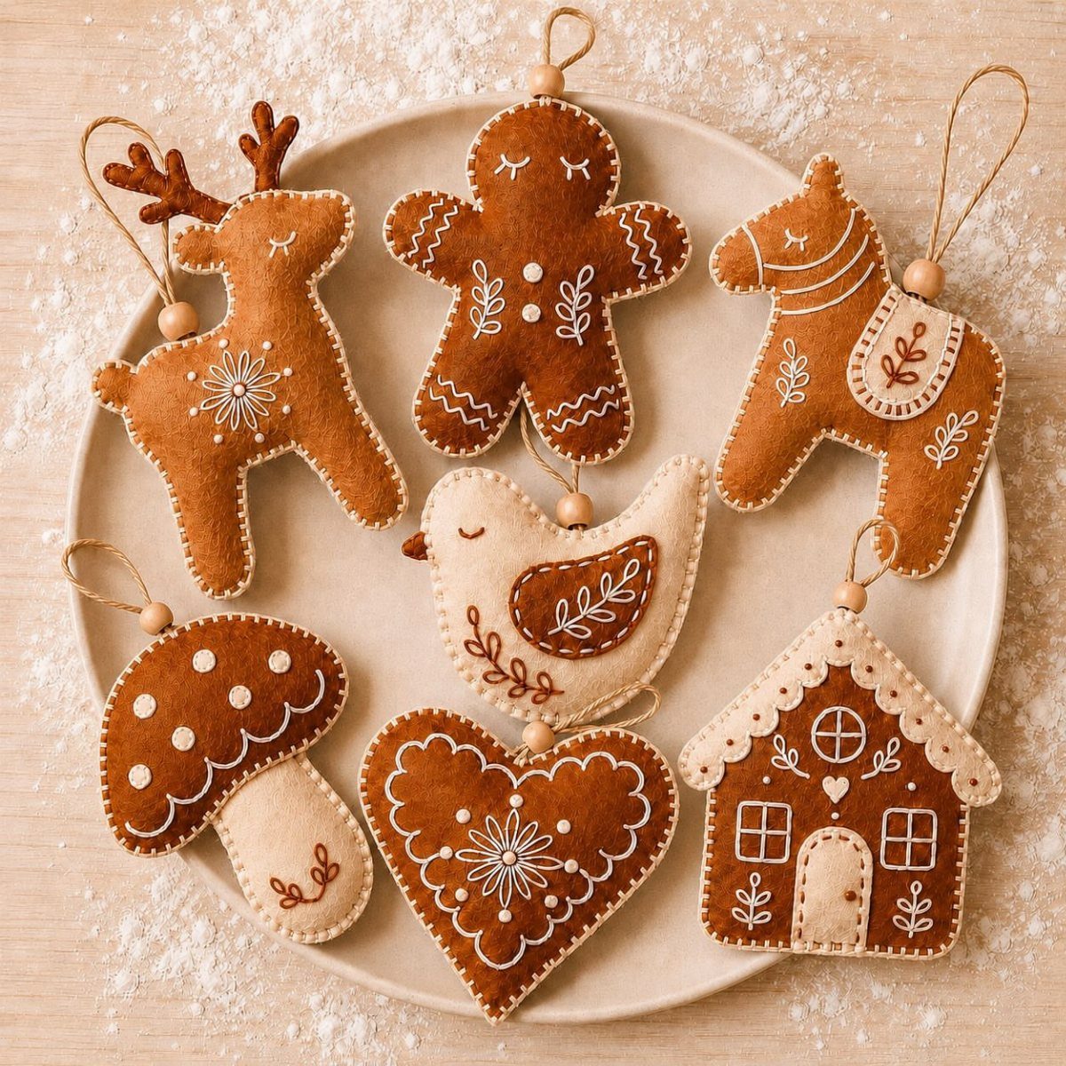 26 Handmade Ornaments: DIY Projects from Paper to Pinecones 9 Felt Christmas ornaments in various shapes arranged on a plate with white sprinkles.