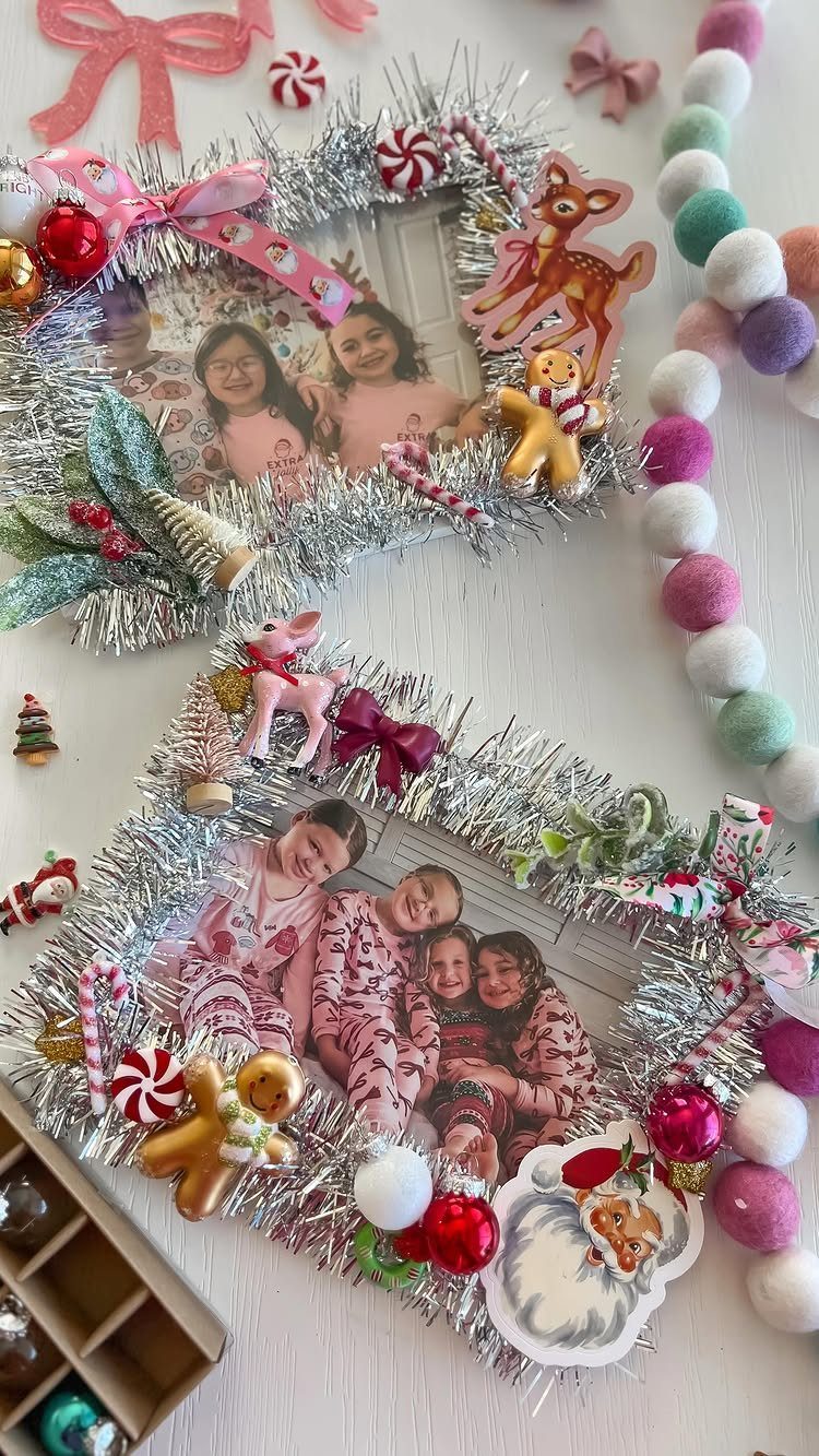 26 Handmade Ornaments: DIY Projects from Paper to Pinecones 8 Two silver tinsel photo frames decorated with festive ornaments and holiday cutouts containing pictures of children.