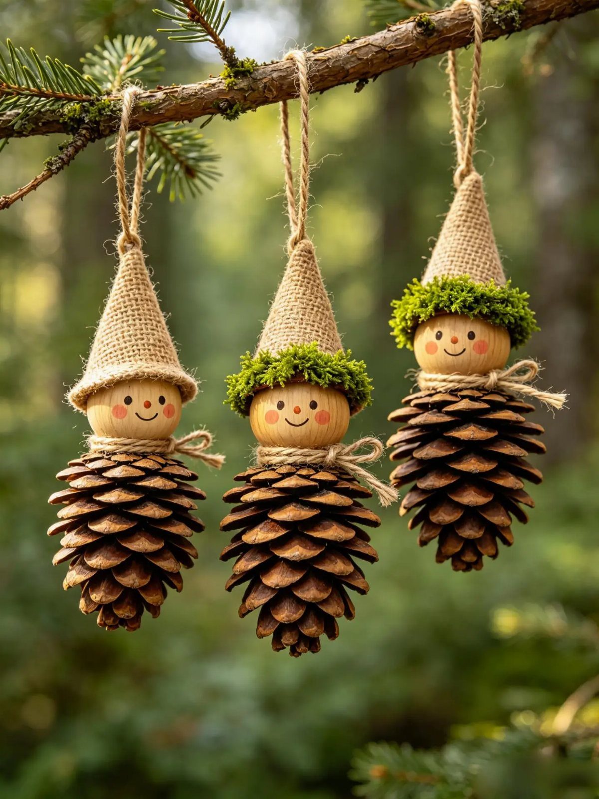 26 Handmade Ornaments: DIY Projects from Paper to Pinecones 10 Three pinecone gnome ornaments with burlap hats hanging from a green tree branch.
