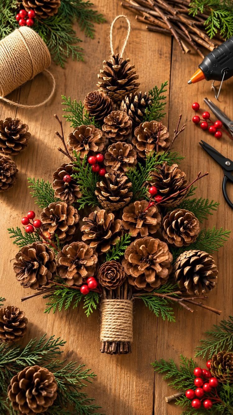 26 Handmade Ornaments: DIY Projects from Paper to Pinecones 26 Pinecone Christmas tree ornament with green sprigs and red berries on a wooden table.