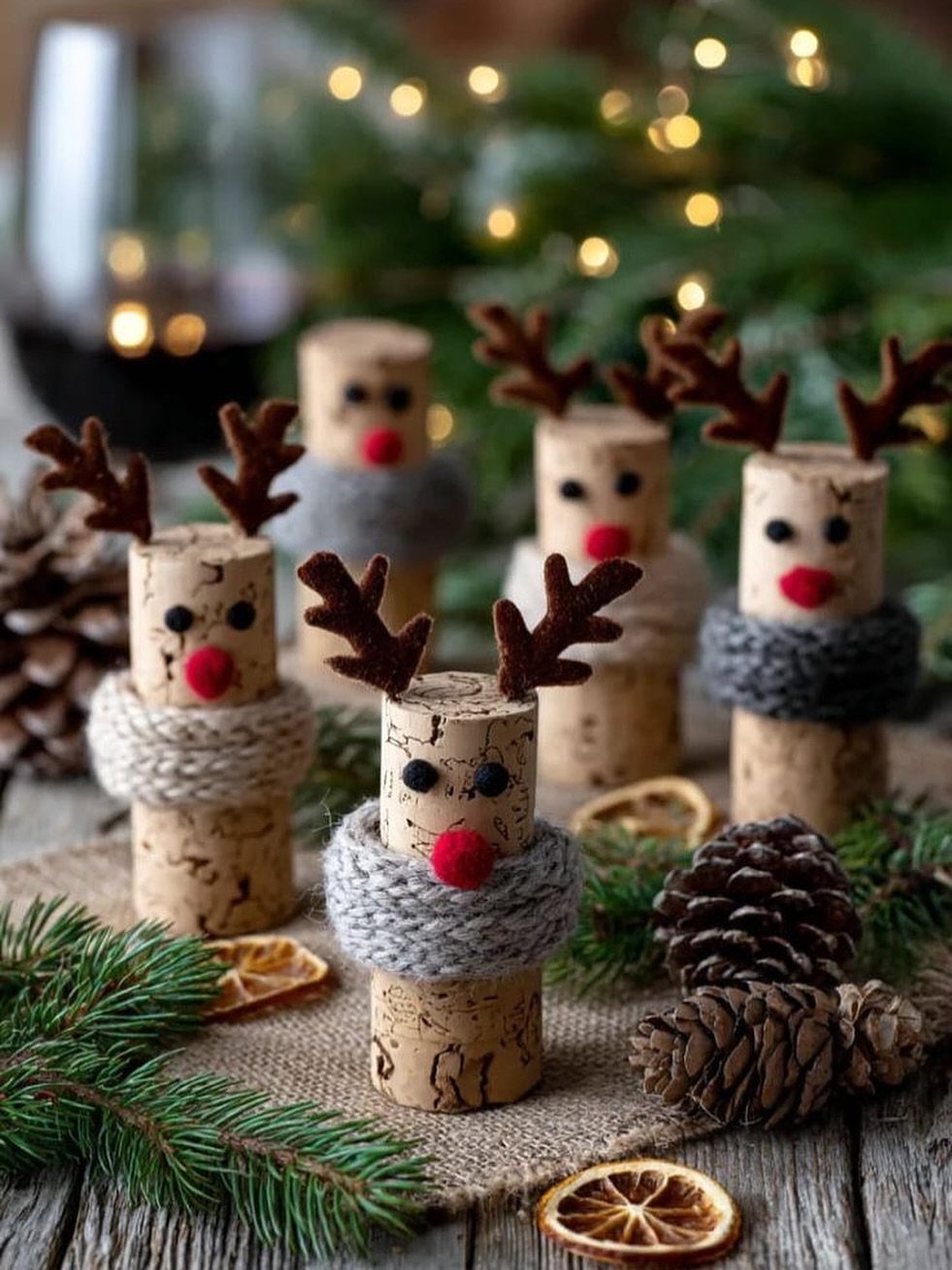 26 Handmade Ornaments: DIY Projects from Paper to Pinecones 20 Wine cork reindeer ornaments with felt antlers and yarn scarves on a rustic wooden surface.