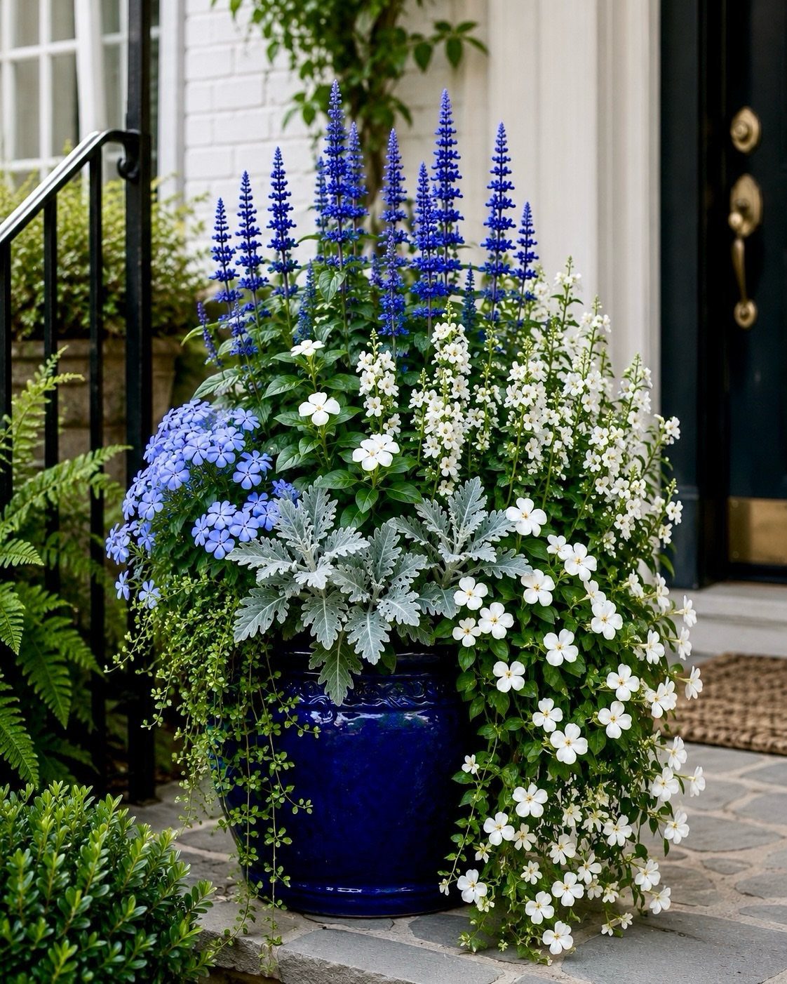11 Inexpensive Landscaping Ideas for a Better Yard 7 Blue and white flowers blooming in a large cobalt blue ceramic planter on a stone porch.