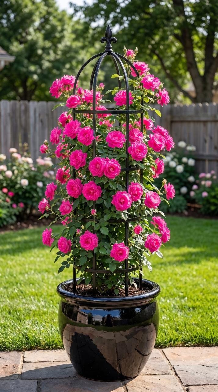 11 Inexpensive Landscaping Ideas for a Better Yard 6 Pink roses climbing a black metal trellis in a large black planter on a patio.