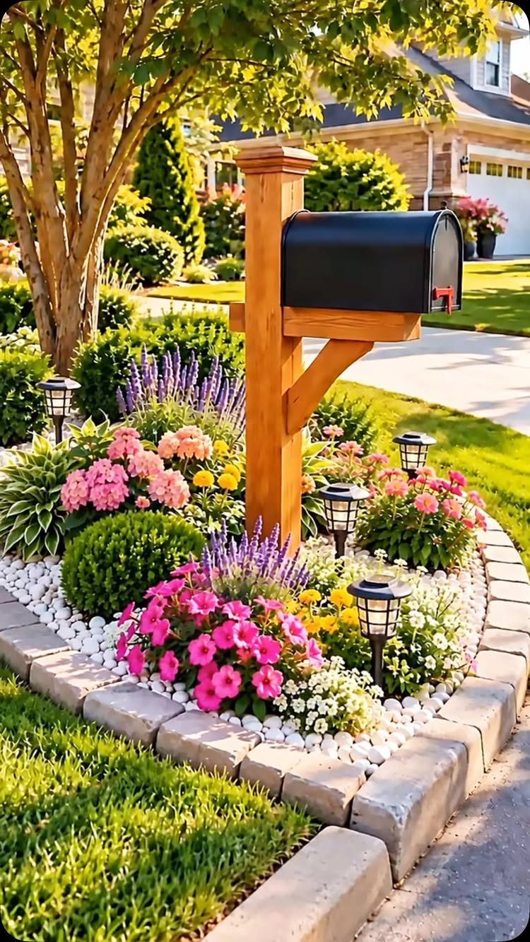 11 Inexpensive Landscaping Ideas for a Better Yard 8 A wooden mailbox surrounded by colorful flowers, white stones, and small black solar lights in a garden.