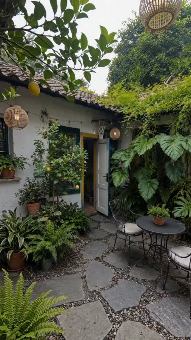 Interesting Garden Ideas: 9 Spaces That Pull You In 2 A stone courtyard filled with lush green plants, ferns, and hanging woven lantern lights.