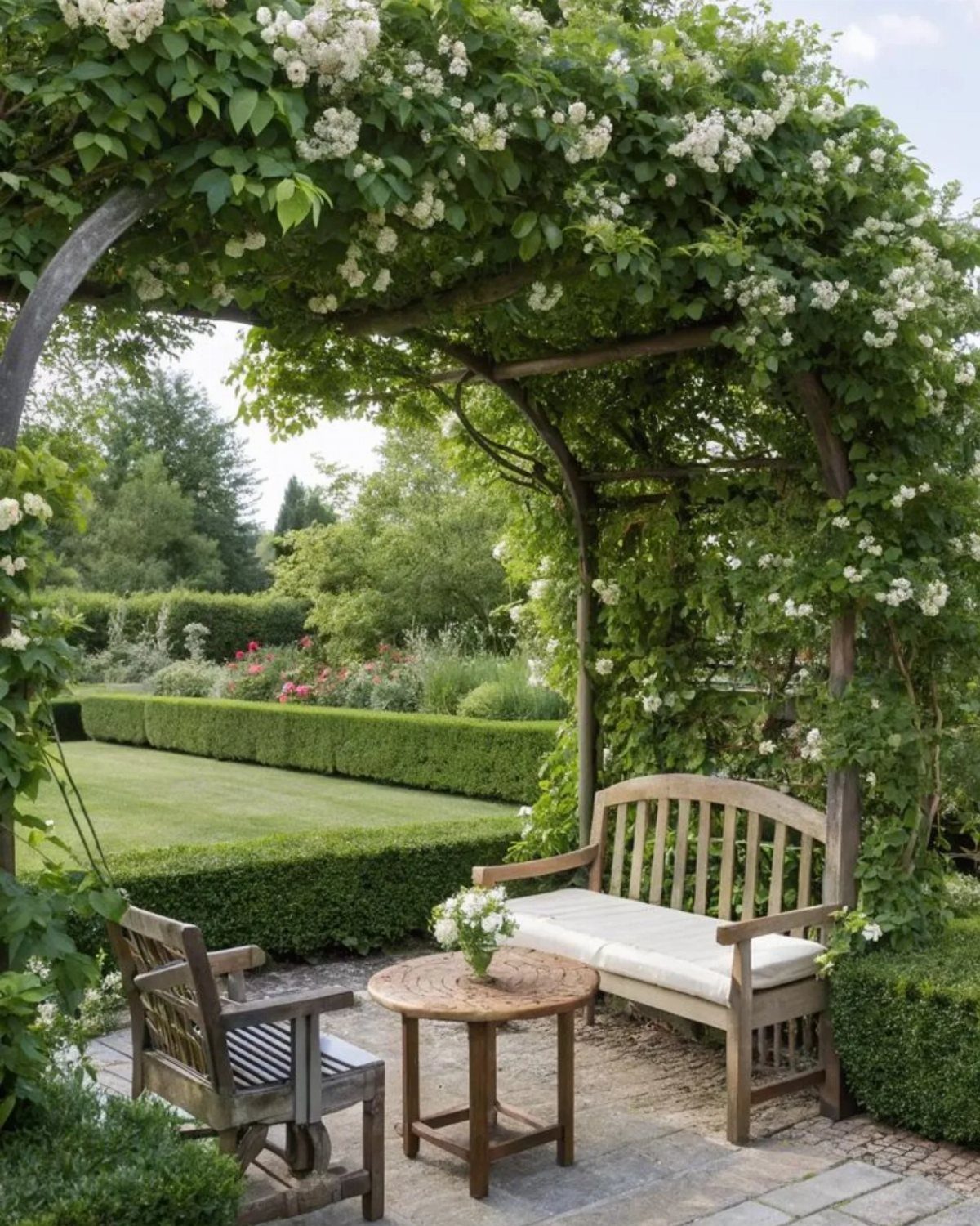 Interesting Garden Ideas: 9 Spaces That Pull You In 1 Wooden garden furniture set situated under a large rose-covered trellis arch in a lush garden.