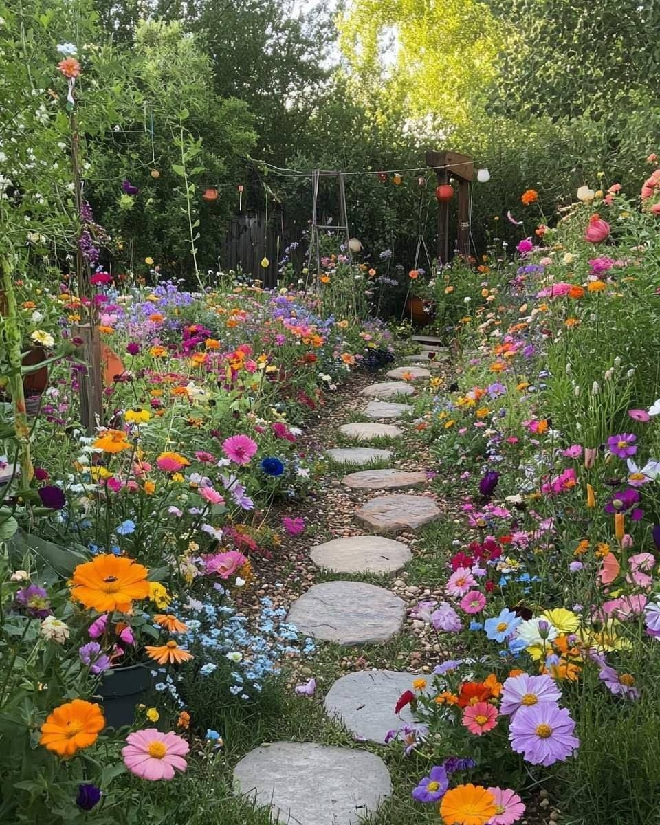 Interesting Garden Ideas: 9 Spaces That Pull You In 7 Colorful wildflowers in pink, orange, and purple bloom alongside a stone stepping path in a lush garden.