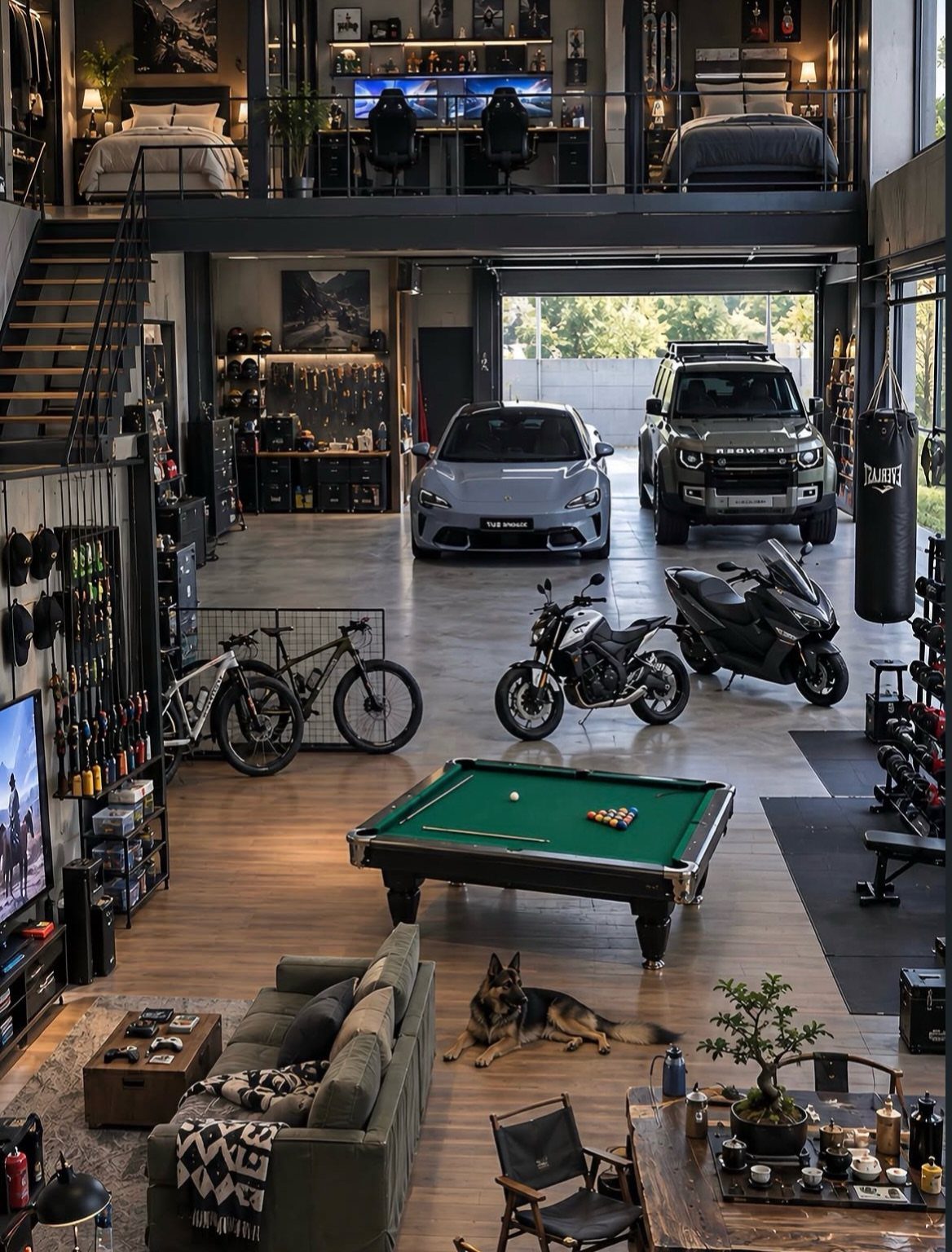 A spacious modern garage with a pool table, vehicles, and a mezzanine loft level containing bedrooms.