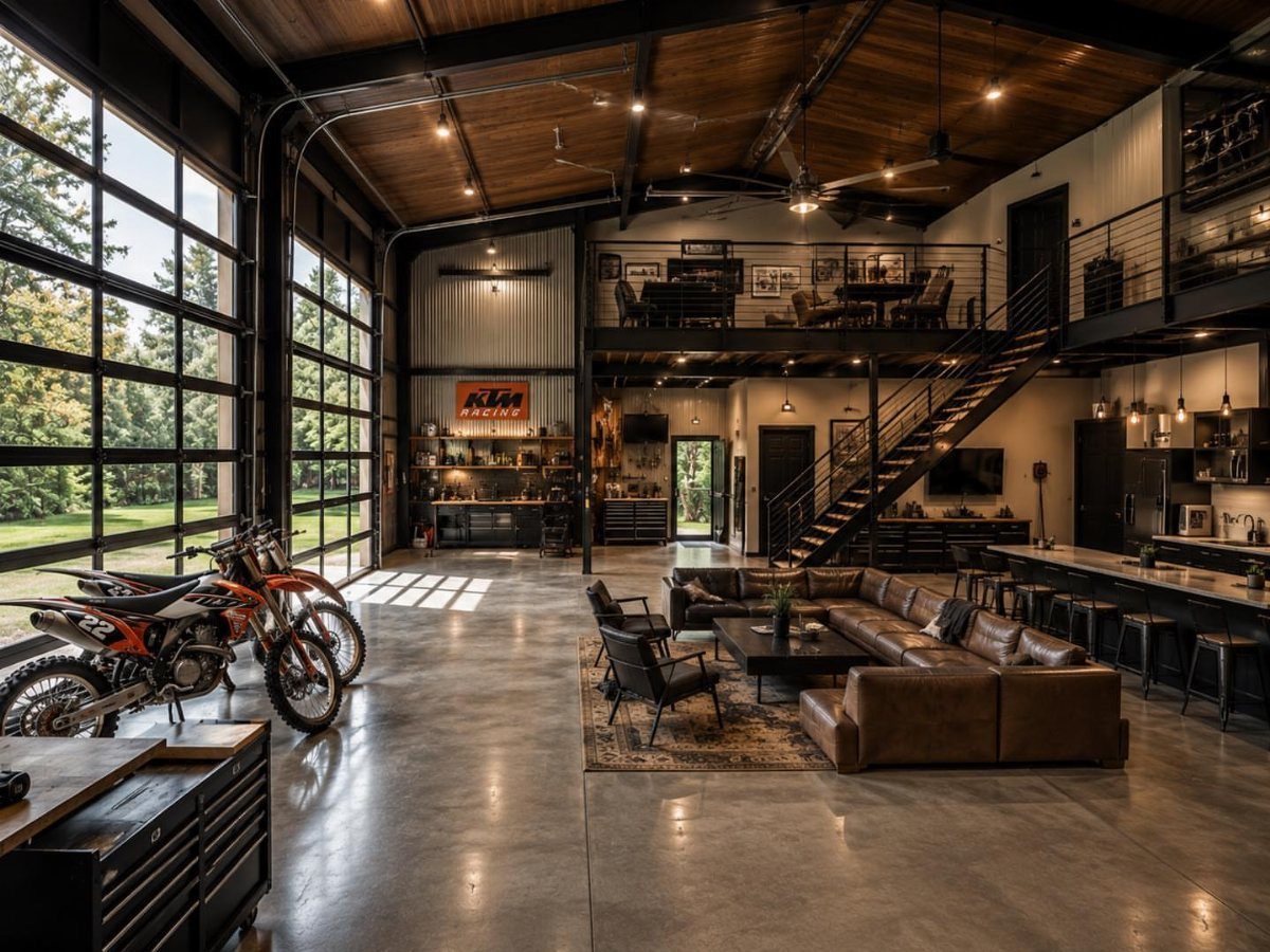 Industrial garage interior featuring motorcycles, a leather sofa, and a mezzanine loft level.