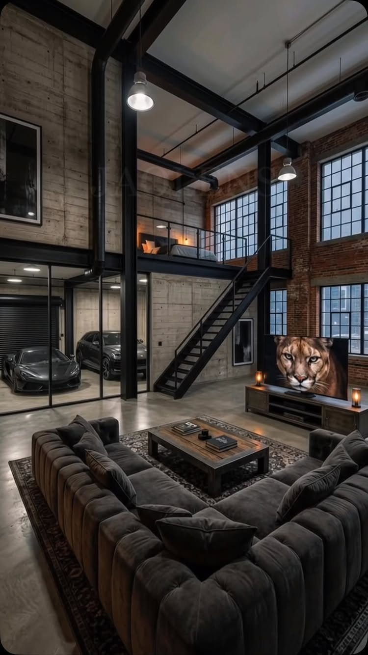 Industrial living room with a dark sofa, loft balcony, and a glass-walled garage containing two cars.