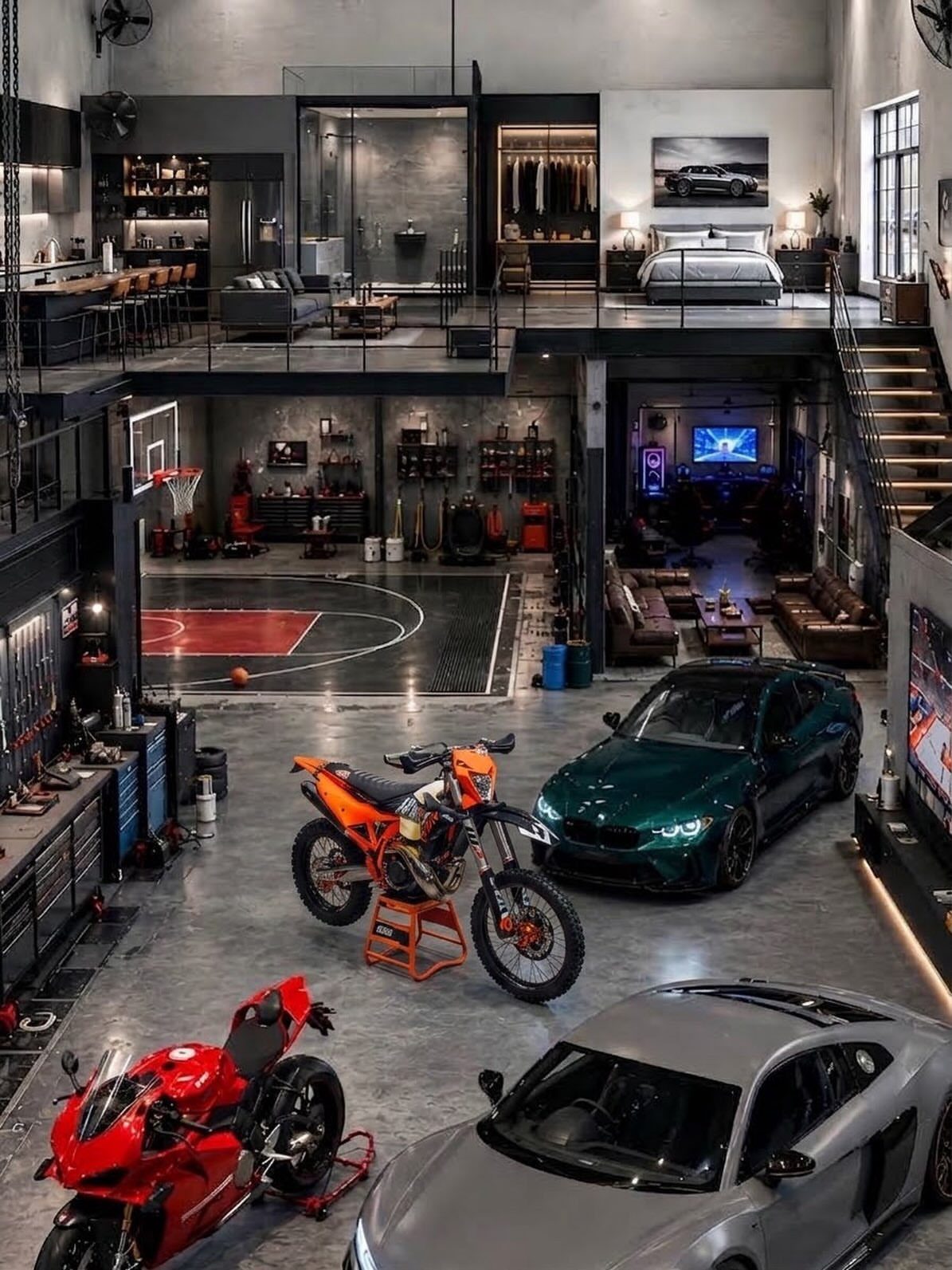 Industrial two-story building with a garage on the bottom and a studio loft above.