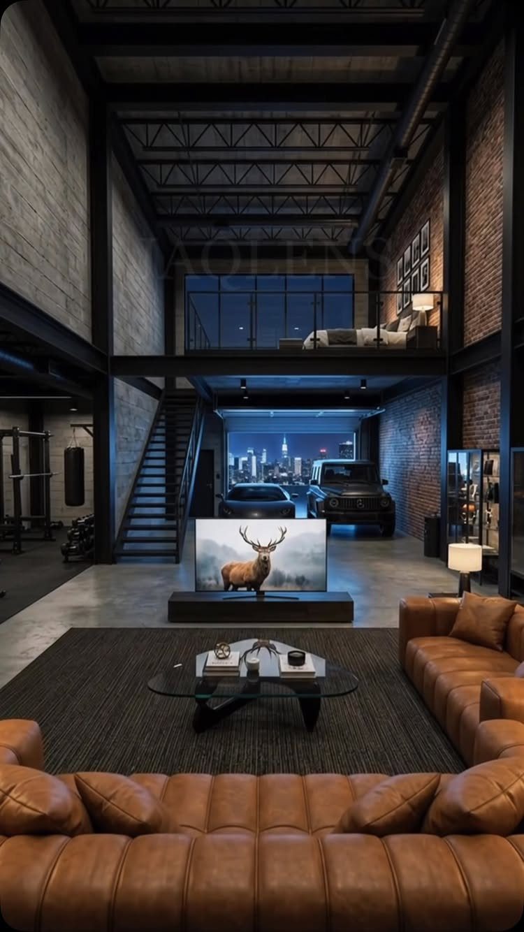 Industrial loft living area with leather sofas overlooking a garage containing a car.