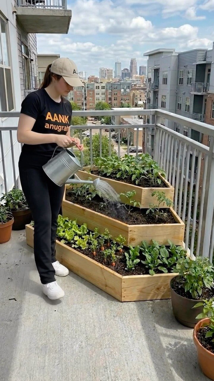 8 Modern Vegetable Garden Design Ideas for Any Yard 3 A woman watering tiered wooden vegetable planters on an urban apartment balcony overlooking a city skyline.