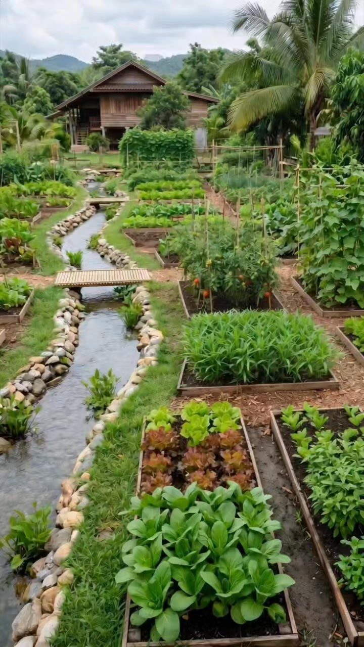 8 Modern Vegetable Garden Design Ideas for Any Yard 8 Organized vegetable garden beds with a winding stream and small wooden bridges in a tropical setting.