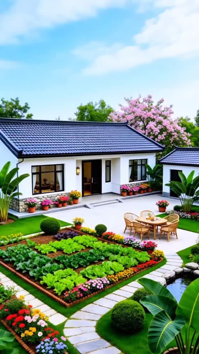 8 Modern Vegetable Garden Design Ideas for Any Yard 7 A lush rectangular vegetable garden bed surrounded by colorful flowers and stone pathways near a white house.