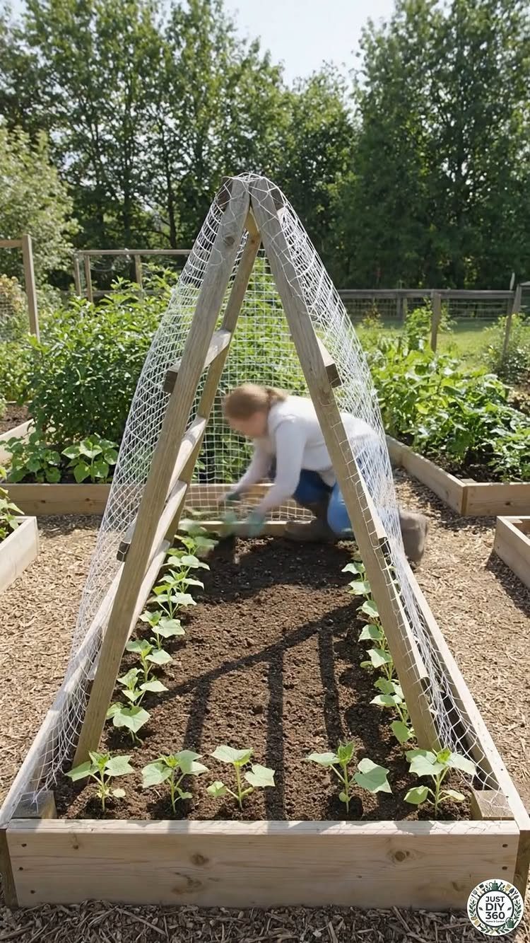 8 Modern Vegetable Garden Design Ideas for Any Yard 4 A person tends to seedlings inside a wooden raised garden bed protected by a netted A-frame structure.