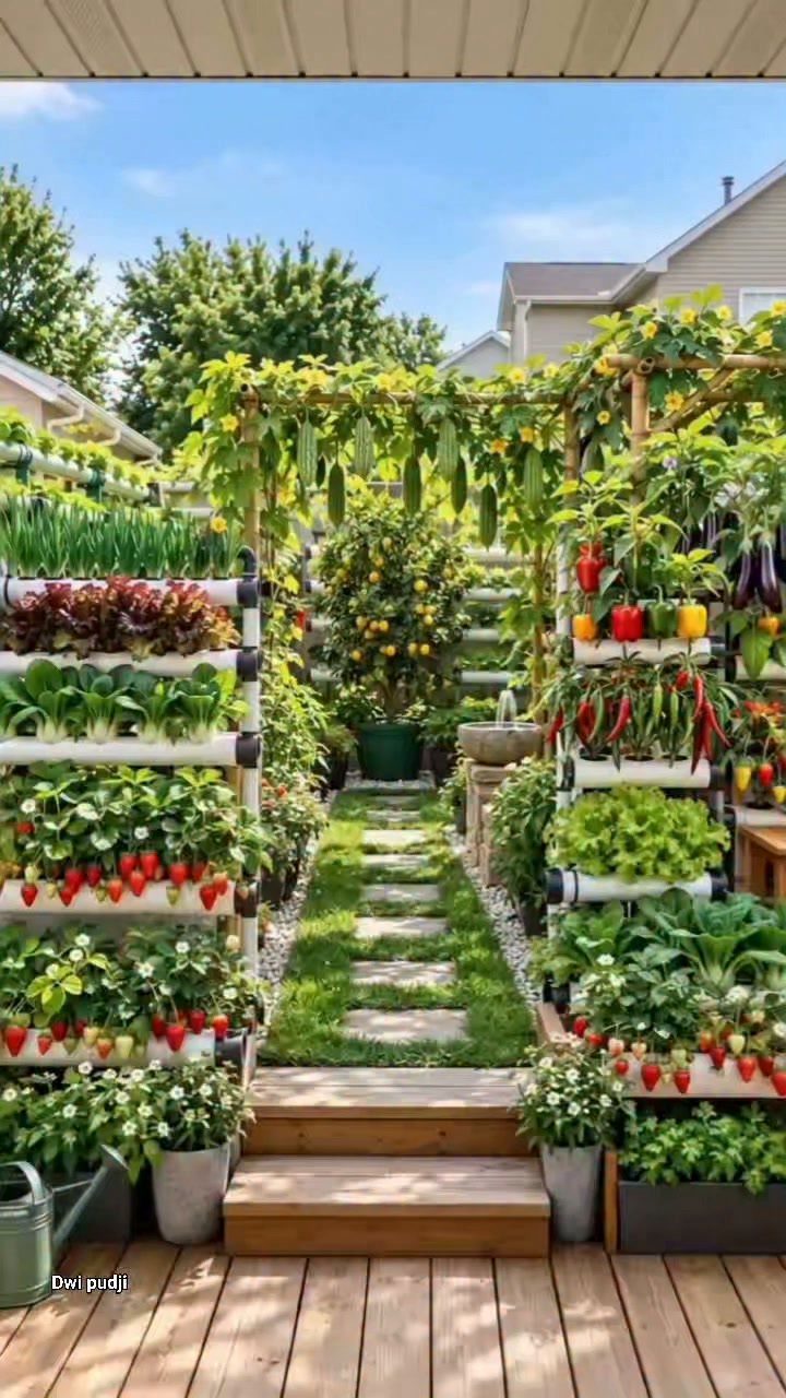8 Modern Vegetable Garden Design Ideas for Any Yard 1 Vertical hydroponic garden systems with various vegetables and strawberries growing in white pipes.