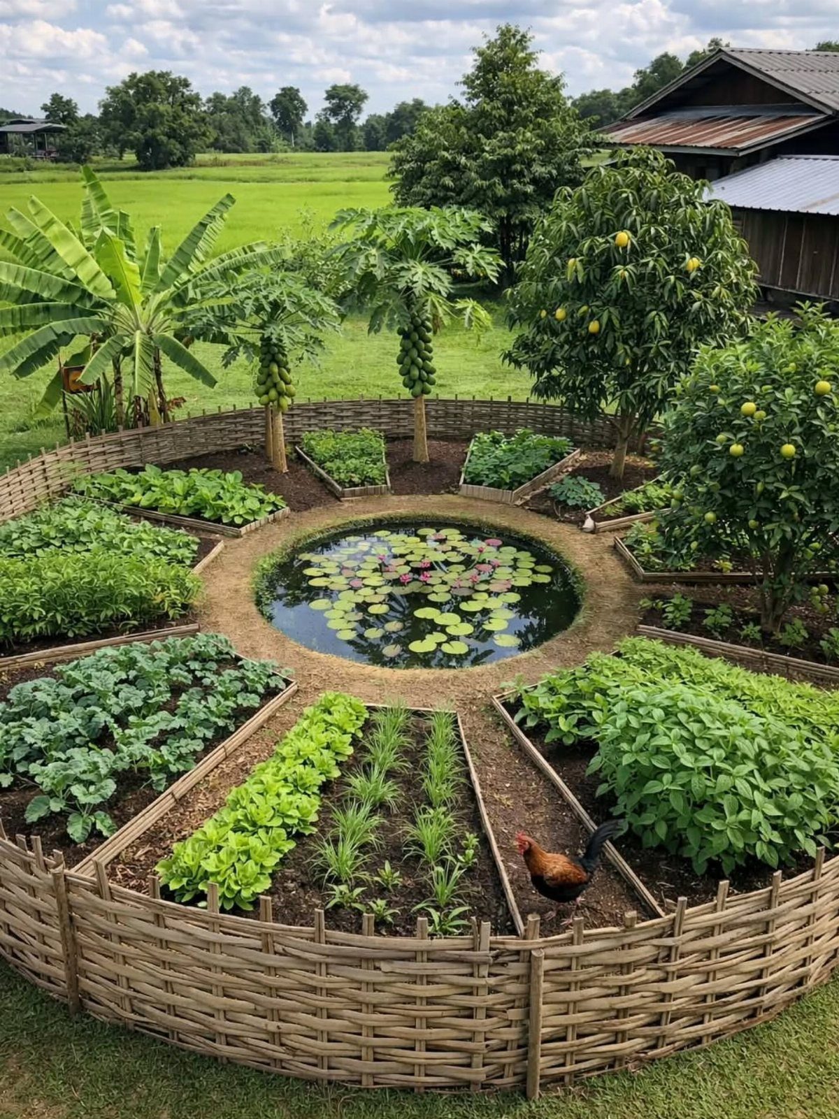 10 Potager Garden Ideas for Every Yard Size and Budget 10 Circular vegetable garden with a central lily pond and woven wicker borders in a lush landscape.