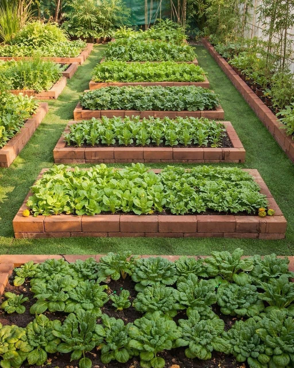 10 Potager Garden Ideas for Every Yard Size and Budget 1 Rectangular raised garden beds with green leafy vegetables bordered by reddish-brown bricks on a lawn.