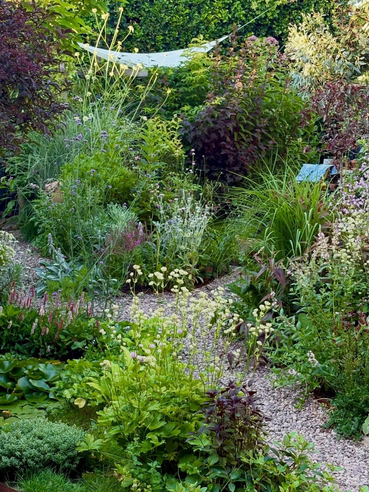 10 Potager Garden Ideas for Every Yard Size and Budget 4 Lush green garden plants and flowering perennials surrounding a winding gravel pathway under a white shade sail.
