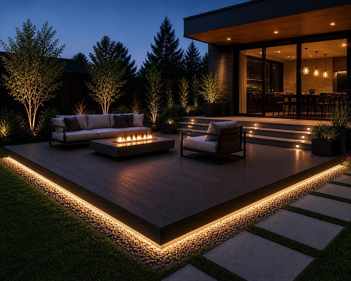 A modern dark wood raised deck with integrated LED lighting and a central fire pit at dusk.