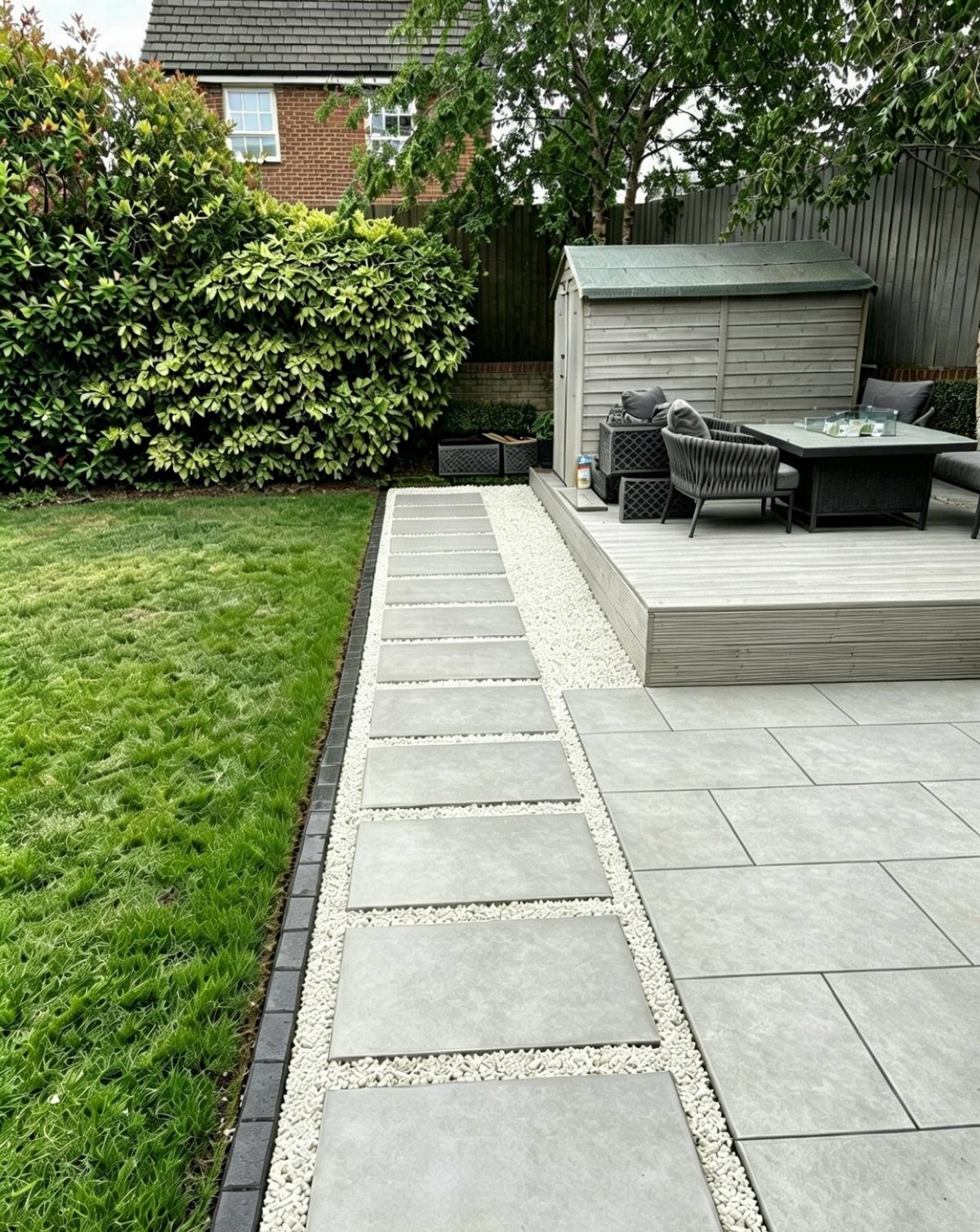 Light grey porcelain pavers arranged in a geometric pattern with white gravel accents in a backyard.