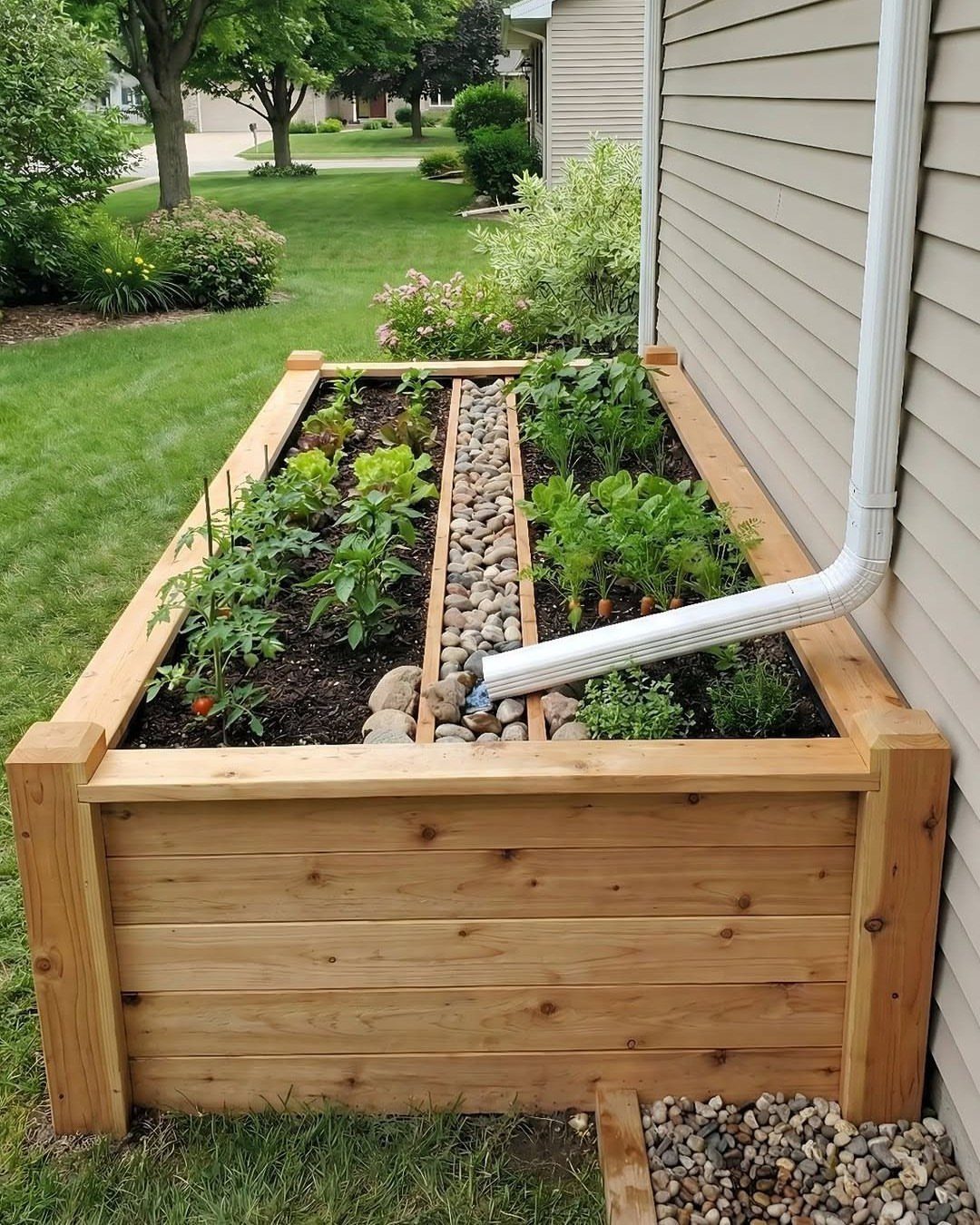 A wooden raised garden bed with green plants and a stone channel sits beside a house.