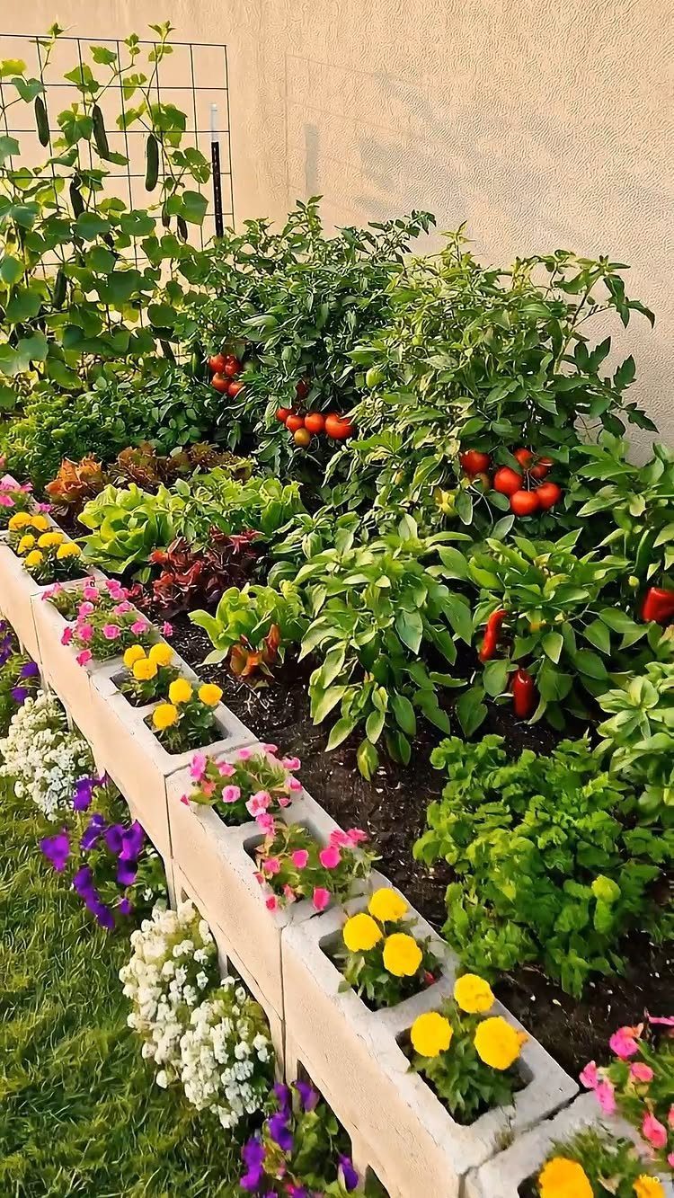 A concrete block raised garden bed filled with tomatoes, peppers, lettuce, and blooming colorful flowers.