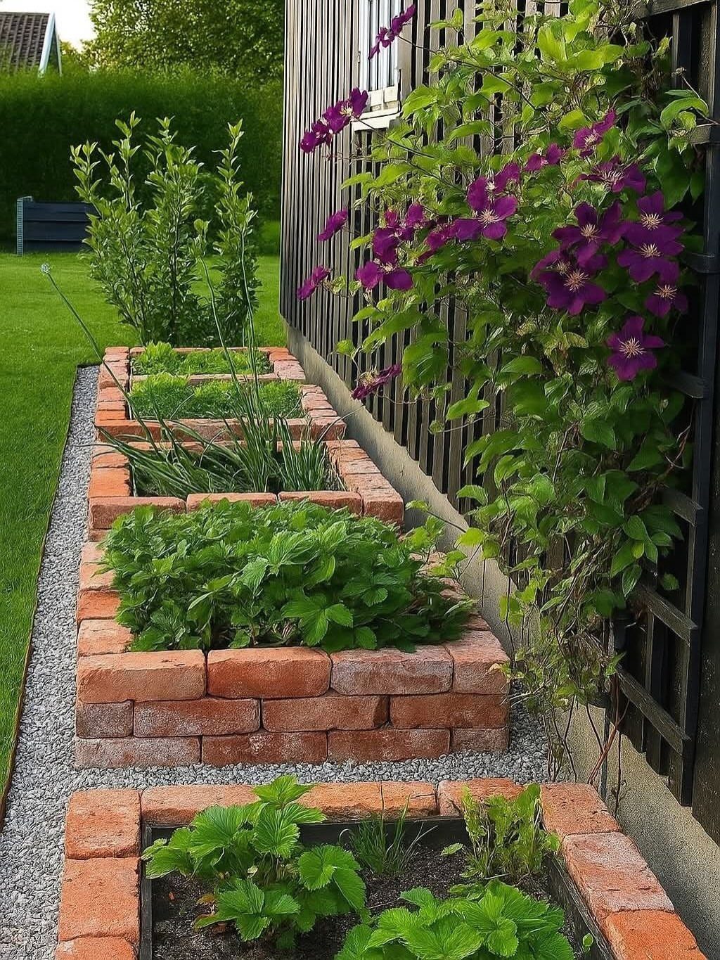 Red brick raised garden beds filled with green plants along a dark wooden fence.