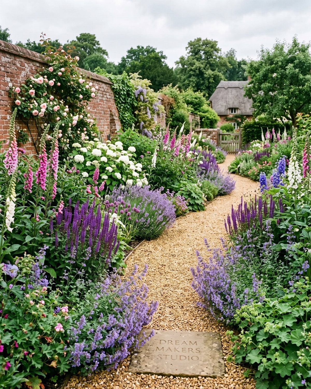 Simple Garden Layout Ideas for 2026: 12 Plans to Try 2 A winding gravel path through a lush cottage garden filled with colorful foxgloves and purple flowers.