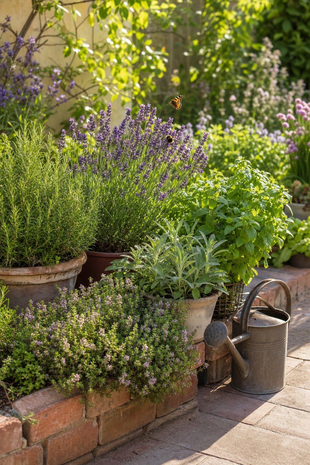 Simple Garden Layout Ideas for 2026: 12 Plans to Try 4 Green herbs and purple lavender plants growing in terracotta pots and a brick planter.