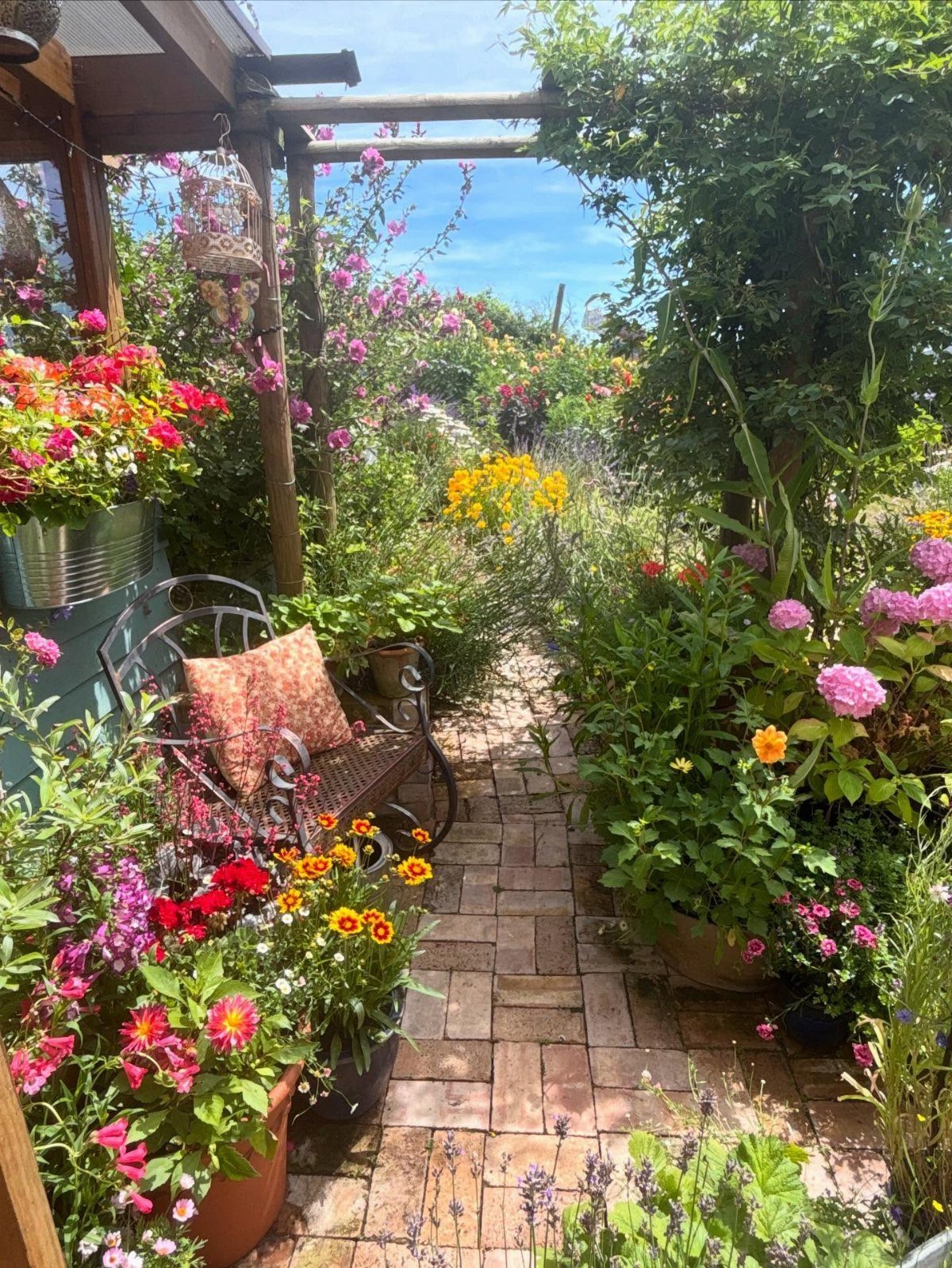 Simple Garden Layout Ideas for 2026: 12 Plans to Try 10 Colorful flowering plants line a brick garden path beneath a wooden pergola structure.