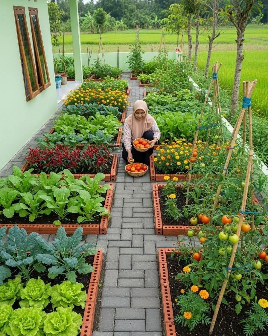 Simple Garden Layout Ideas for 2026: 12 Plans to Try 7 A woman kneeling on a brick path between organized raised garden beds filled with vegetables and flowers.