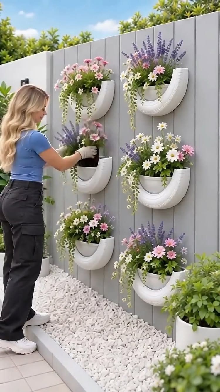 Simple Garden Layout Ideas for 2026: 12 Plans to Try 3 A woman tending to white crescent-shaped planters filled with colorful flowers mounted on a grey fence.