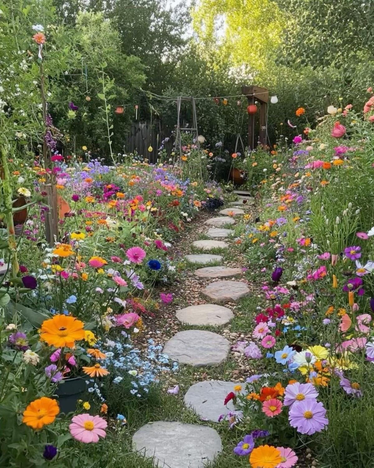 Simple Garden Layout Ideas for 2026: 12 Plans to Try 8 Colorful wildflowers in various shades line a stone stepping path through a lush garden.
