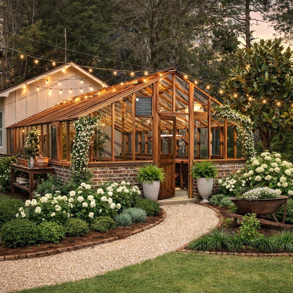 A large wooden frame greenhouse with glass panels and a slanted roof in a garden.