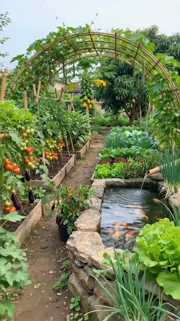 Lush vegetable garden with tomato plants, eggplants, and a stone koi pond under a bamboo arch.
